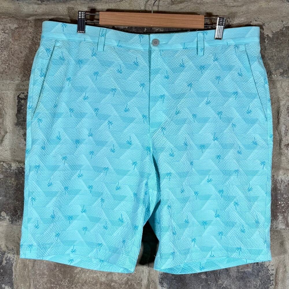 PGA Tour Golf Shorts Men's 38 Teal Seersucker Palm Trees Summer Preppy‎ Outdoor